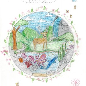 Earth Day poster, Siena Root, Chinook Trail Elementary School, a drawing of earth featuring sea animals and deer